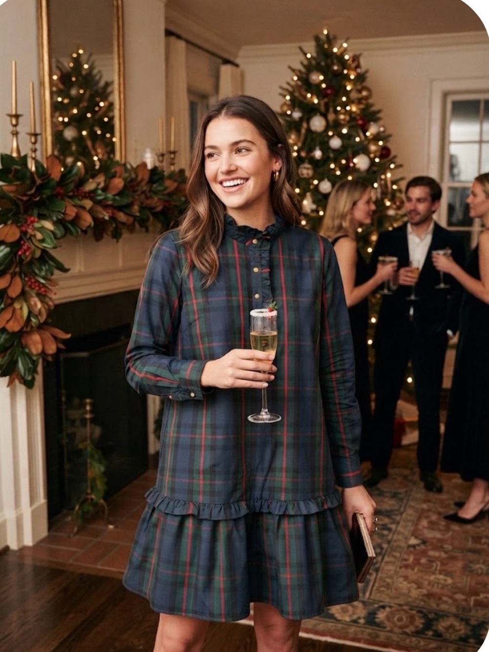 Plaid Ruffle-Hem Mini Dress in Navy and Red